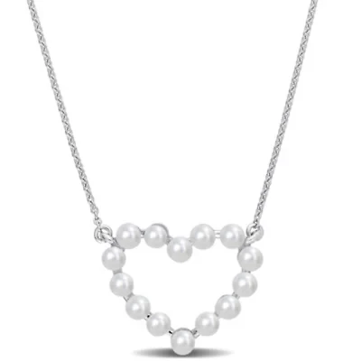 White Freshwater Cultured Pearl Open Heart Pendant with Chain in 14K White Gold