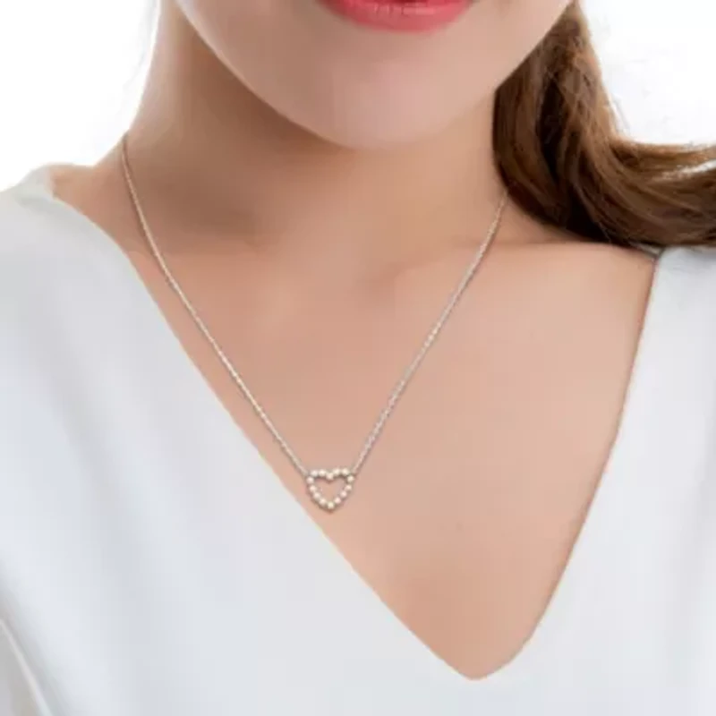 White Freshwater Cultured Pearl Open Heart Pendant with Chain in 14K White Gold