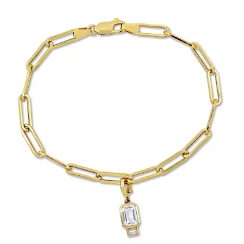 Lab Created Created White Sapphire Oval Link Charm Bracelet in Yellow Plated Sterling Silver