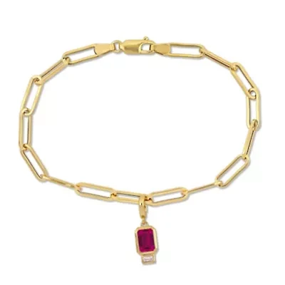 Lab Created Created Ruby and Created White Sapphire Oval Link Charm Bracelet in Yellow Plated Sterling Silver