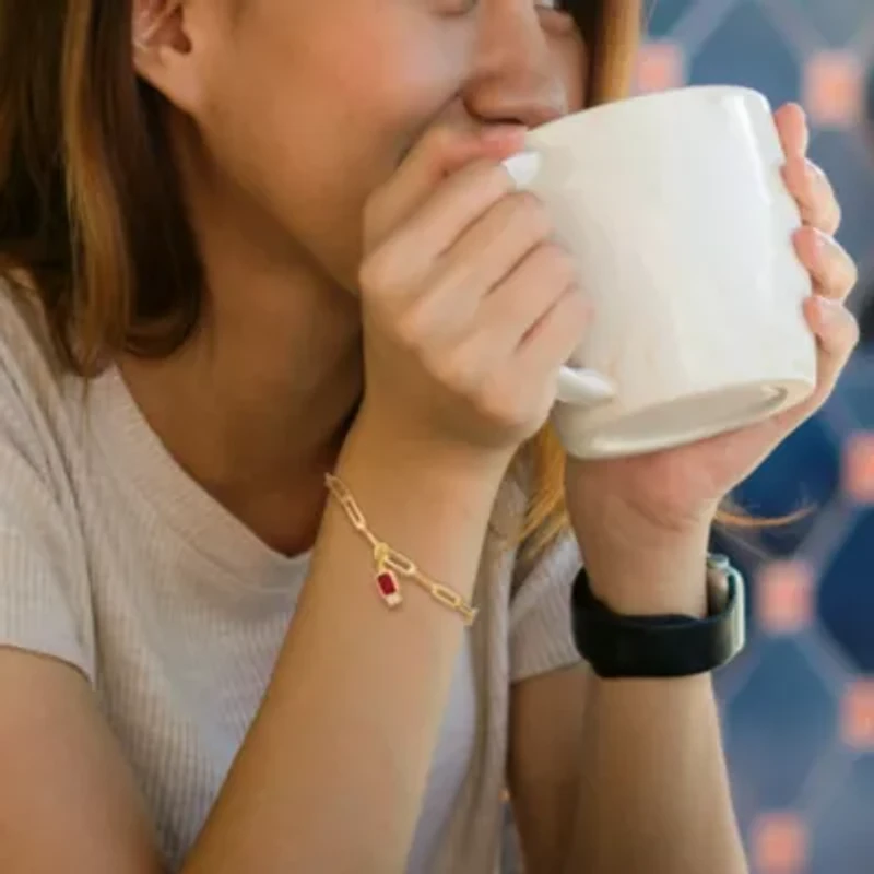 Lab Created Created Ruby and Created White Sapphire Oval Link Charm Bracelet in Yellow Plated Sterling Silver