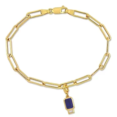 Lab Created Created Blue and Created White Sapphire Oval Link Charm Bracelet in Yellow Plated Sterling Silver