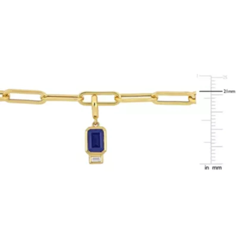 Lab Created Created Blue and Created White Sapphire Oval Link Charm Bracelet in Yellow Plated Sterling Silver