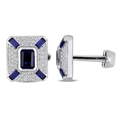 Created Blue and Created White Sapphire Cufflink in Sterling Silver