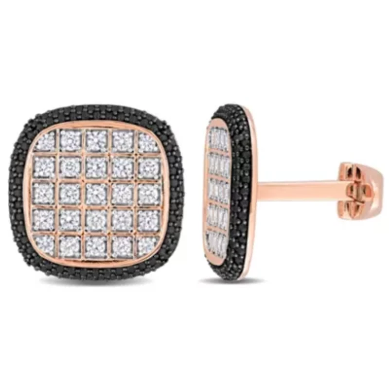 Lab Created Created White Sapphire and Black Spinel Cufflink in Rose Plated Sterling Silver with Black Rhodium Plated