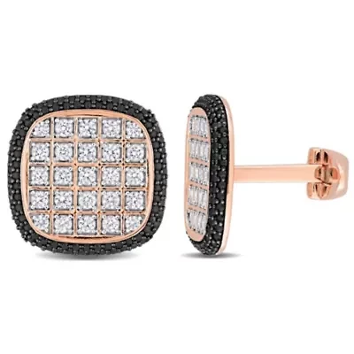 Lab Created Created White Sapphire and Black Spinel Cufflink in Rose Plated Sterling Silver with Black Rhodium Plated