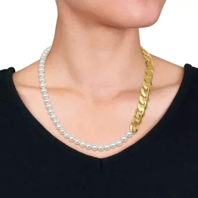 Freshwater Cultured Pearl with Curb Link Chain in Yellow Plated Sterling Silver