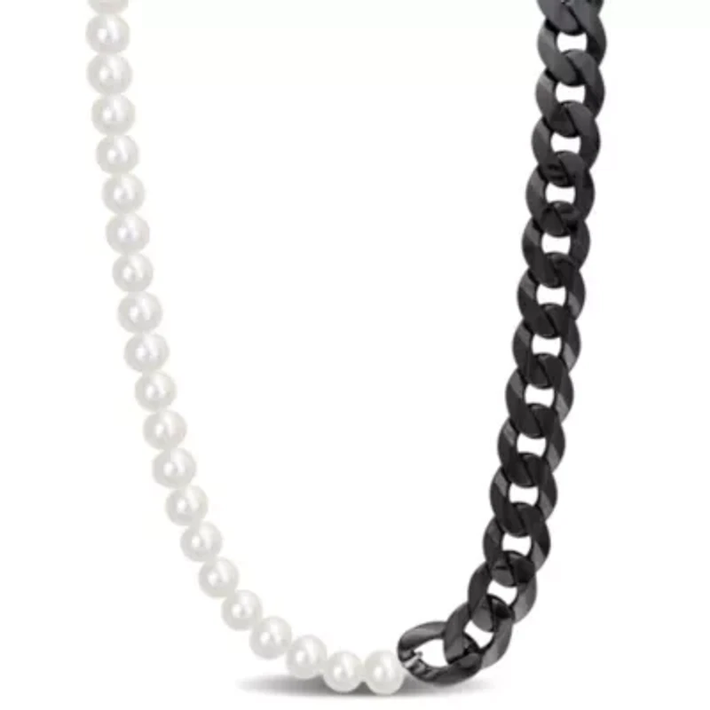 Freshwater Cultured Pearl with Curb Link Chain in Sterling Silver with Black Rhodium Plated