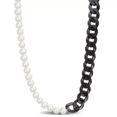Freshwater Cultured Pearl with Curb Link Chain in Sterling Silver with Black Rhodium Plated