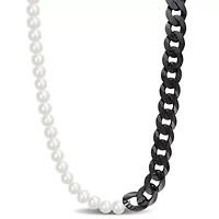 Freshwater Cultured Pearl with Curb Link Chain in Sterling Silver with Black Rhodium Plated