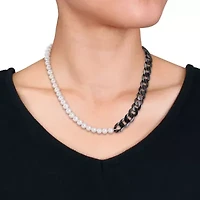 Freshwater Cultured Pearl with Curb Link Chain in Sterling Silver with Black Rhodium Plated