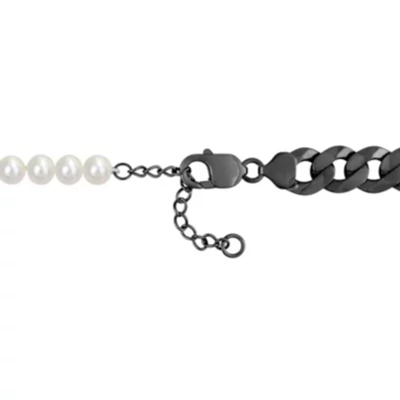 Freshwater Cultured Pearl with Curb Link Chain in Sterling Silver with Black Rhodium Plated