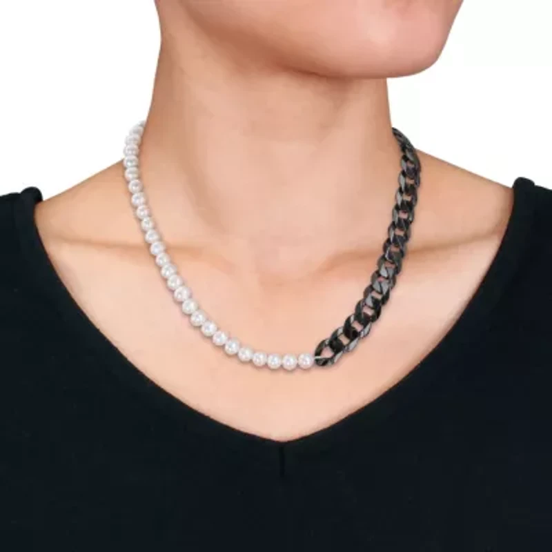 Freshwater Cultured Pearl with Curb Link Chain in Sterling Silver with Black Rhodium Plated