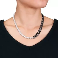 Freshwater Cultured Pearl with Curb Link Chain in Sterling Silver with Black Rhodium Plated