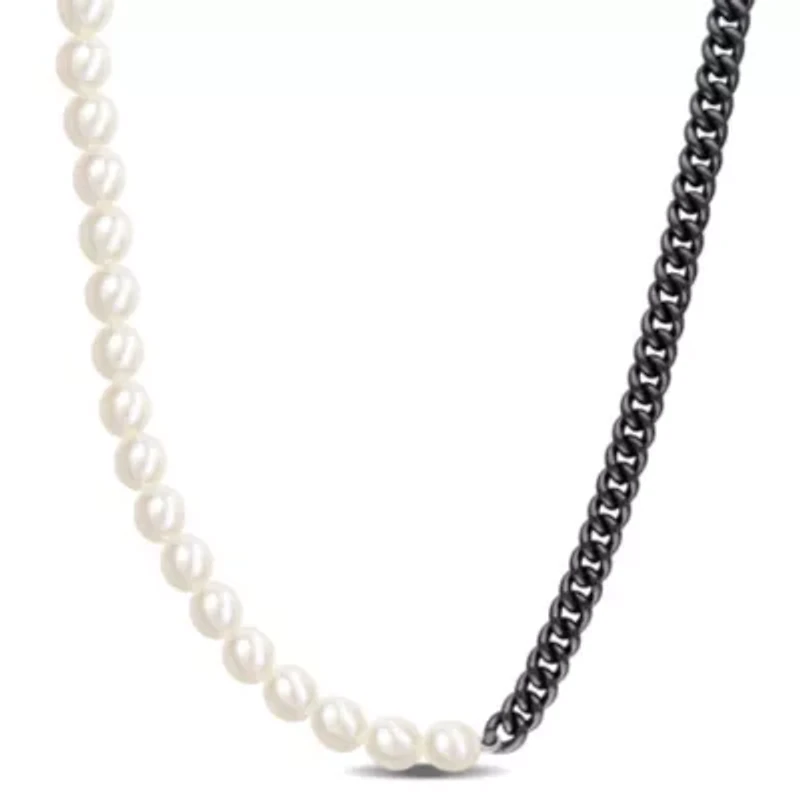 Freshwater Cultured Pearl with Curb Link Chain Men's Necklace in Sterling Silver with Black Rhodium Plated