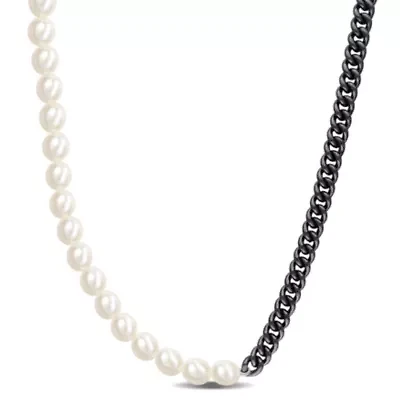 Freshwater Cultured Pearl with Curb Link Chain Men's Necklace in Sterling Silver with Black Rhodium Plated