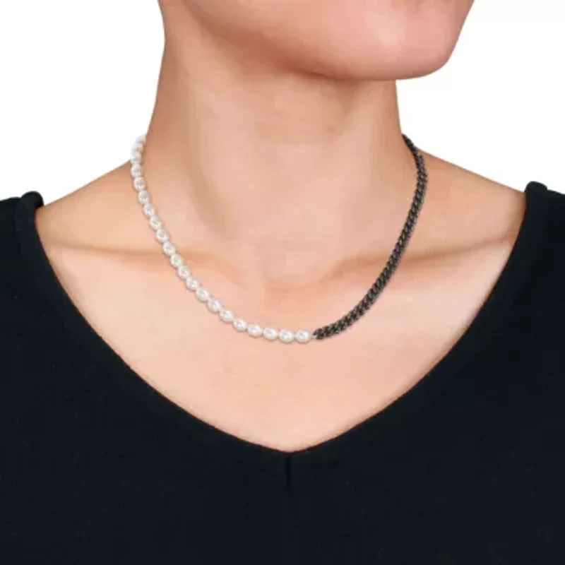 Freshwater Cultured Pearl with Curb Link Chain Men's Necklace in Sterling Silver with Black Rhodium Plated