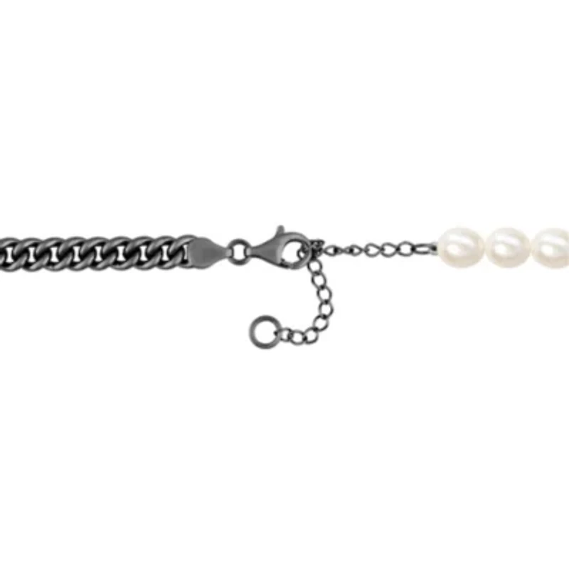 Freshwater Cultured Pearl with Curb Link Chain Men's Necklace in Sterling Silver with Black Rhodium Plated
