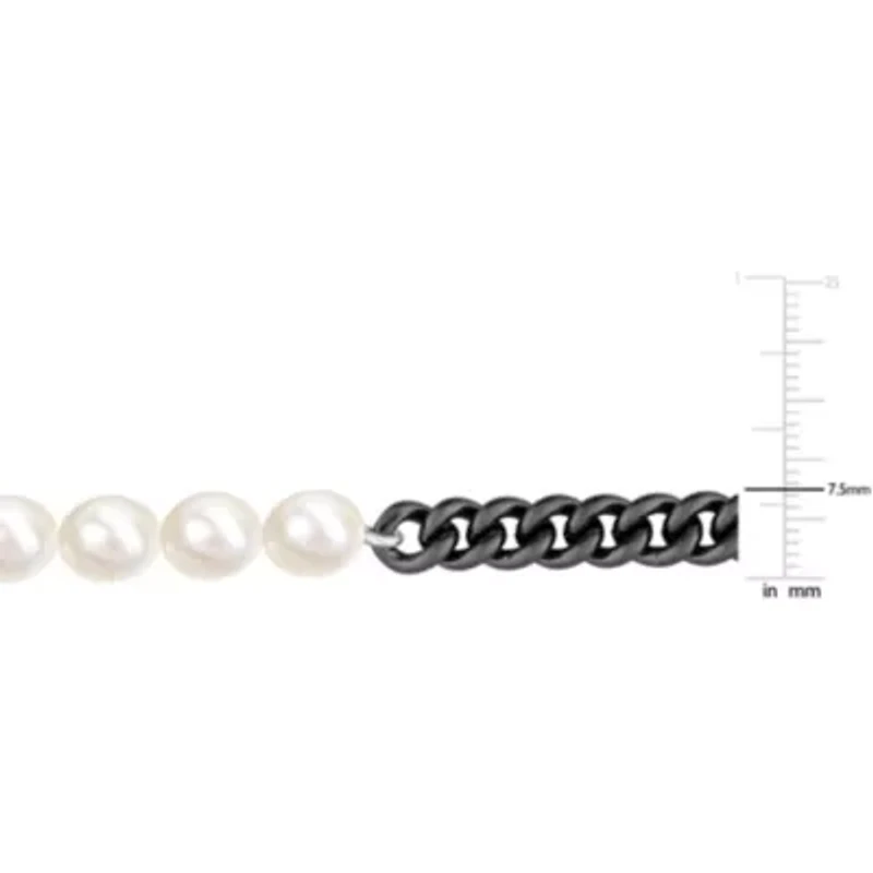Freshwater Cultured Pearl with Curb Link Chain Men's Necklace in Sterling Silver with Black Rhodium Plated