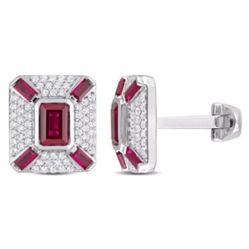 Lab Created Created Ruby and Created White Sapphire Cufflink in Sterling Silver