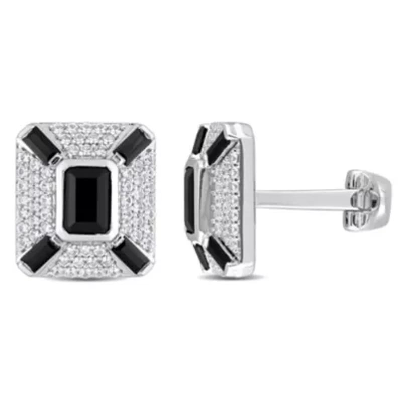Lab Created Black Spinel and Created White Sapphire Cufflink in Sterling Silver