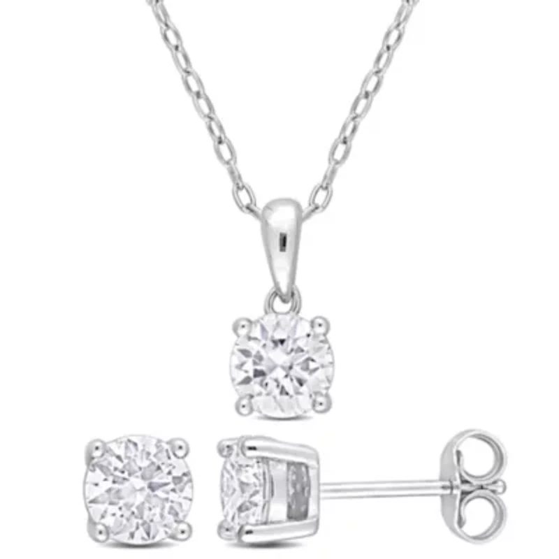 Lab Created 2 Piece Set of Created White Moissanite Stud Earrings and Pendant with Chain in Sterling Silver