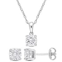 Lab Created 2 Piece Set of Created White Moissanite Stud Earrings and Pendant with Chain in Sterling Silver