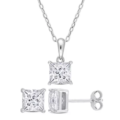 Lab Created 2 Piece Set of Created White Moissanite Stud Earrings & Pendant with Chain in Sterling Silver
