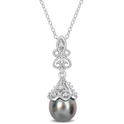 Tahitian Cultured Pearl and White Topaz Drop Pendant with Chain in Sterling Silver
