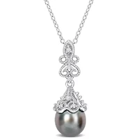 Tahitian Cultured Pearl and White Topaz Drop Pendant with Chain in Sterling Silver
