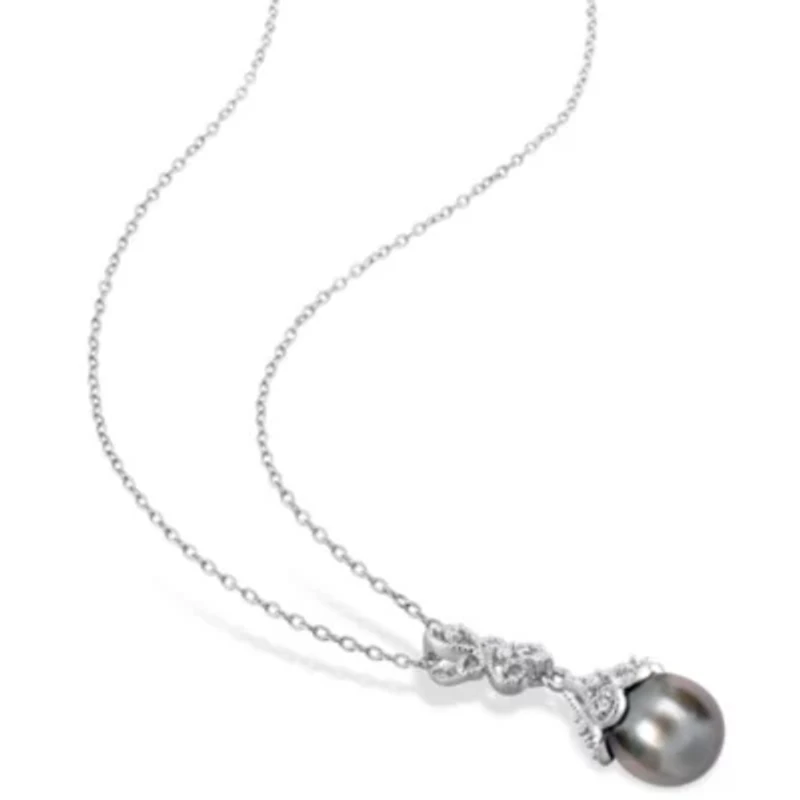 Tahitian Cultured Pearl and White Topaz Drop Pendant with Chain in Sterling Silver