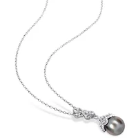 Tahitian Cultured Pearl and White Topaz Drop Pendant with Chain in Sterling Silver