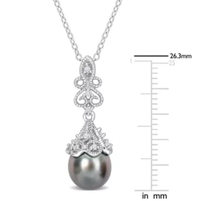 Tahitian Cultured Pearl and White Topaz Drop Pendant with Chain in Sterling Silver