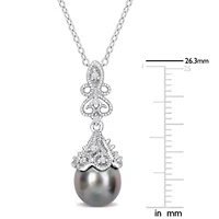 Tahitian Cultured Pearl and White Topaz Drop Pendant with Chain in Sterling Silver