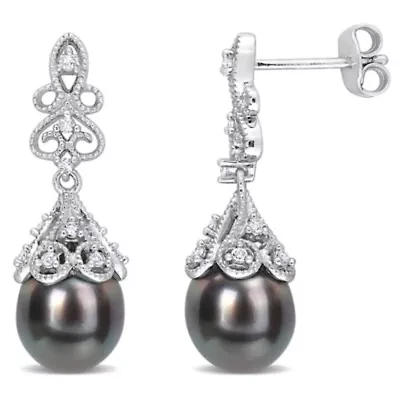 Black Tahitian Cultured Pearl and White Topaz Post Earrings in Sterling Silver