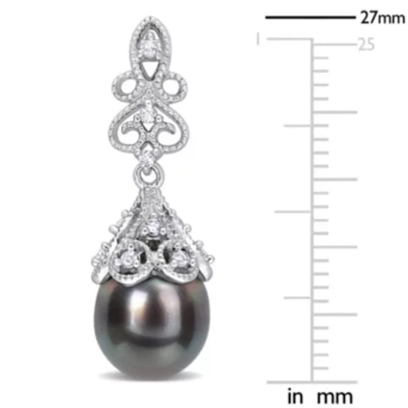 Black Tahitian Cultured Pearl and White Topaz Post Earrings in Sterling Silver
