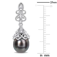 Black Tahitian Cultured Pearl and White Topaz Post Earrings in Sterling Silver