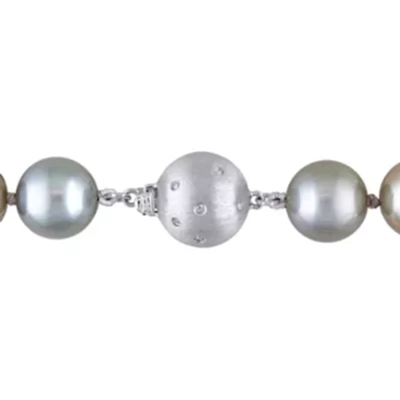 Silver Tahitian Cultured Pearl and Diamond Accent Necklace with 14K White Gold Clasp