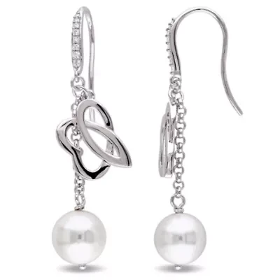 Freshwater Cultured Pearl and 1/10 ct. t.w. Diamond Cuff Earrings in Sterling Silver