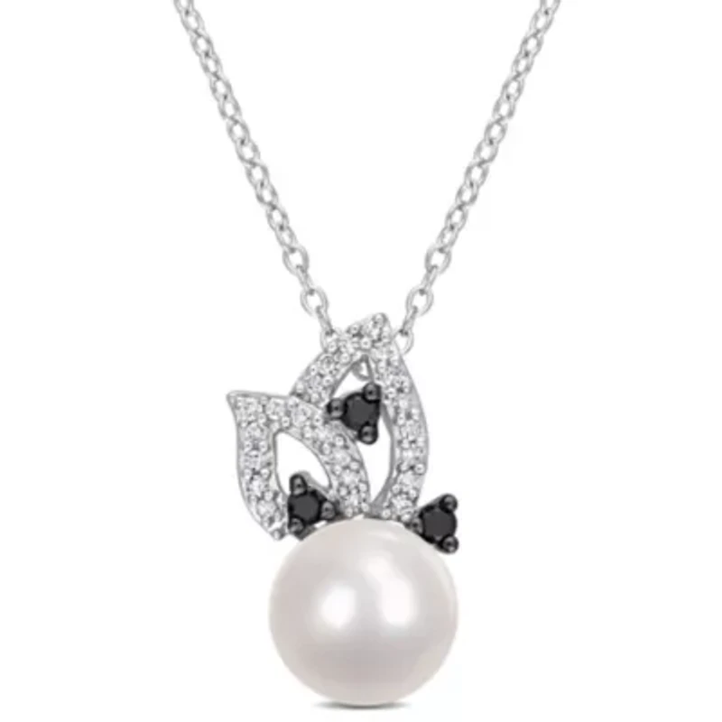 Freshwater Cultured Pearl and 1/4 ct. t.w. Diamond Pendant with Chain in Sterling Silver with Black Rhodium Plated