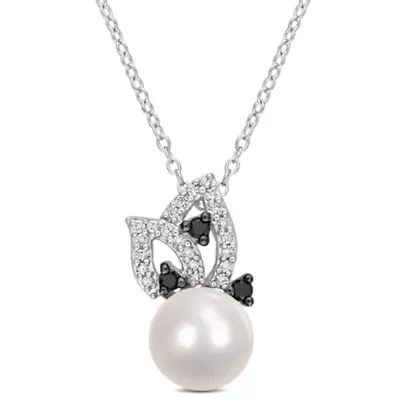 Freshwater Cultured Pearl and 1/4 ct. t.w. Diamond Pendant with Chain in Sterling Silver with Black Rhodium Plated