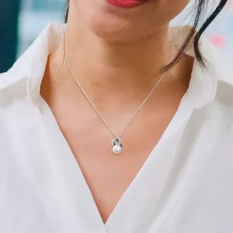 Freshwater Cultured Pearl and 1/4 ct. t.w. Diamond Pendant with Chain in Sterling Silver with Black Rhodium Plated
