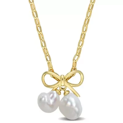 Freshwater Cultured Pearl Bow Pendant with Chain in Yellow Plated Sterling Silver