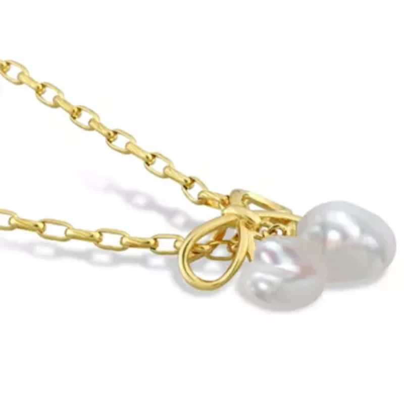 Freshwater Cultured Pearl Bow Pendant with Chain in Yellow Plated Sterling Silver