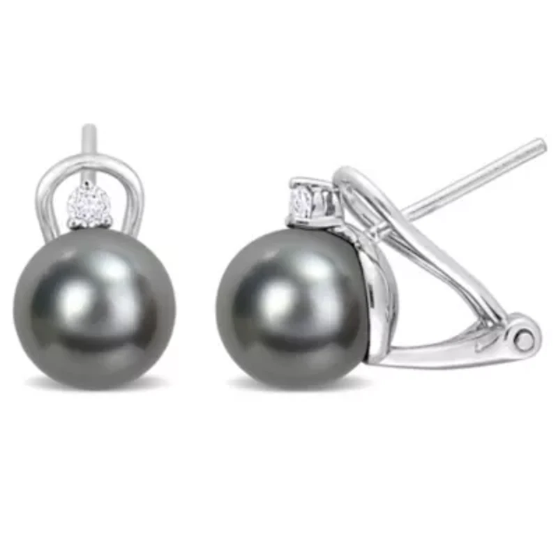 Black Tahitian Cultured Pearl and White Topaz Earrings in Sterling Silver