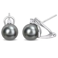 Black Tahitian Cultured Pearl and White Topaz Earrings in Sterling Silver