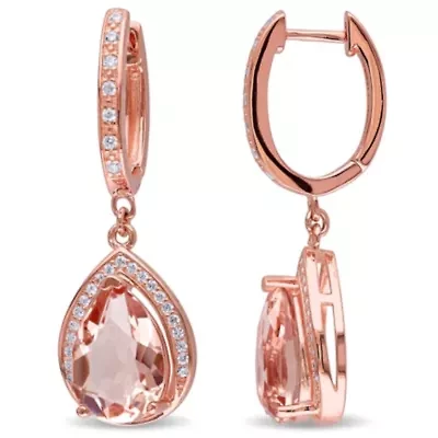 Simulated Morganite and Cubic Zirconia Halo Drop Earrings in Rose Plated Silver