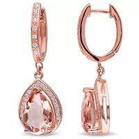 Simulated Morganite and Cubic Zirconia Halo Drop Earrings in Rose Plated Silver