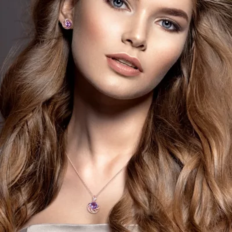 2 Piece Set of Diamond & Amethyst & White Topaz Earrings & Pendant With Chain in Rose Plated Sterling Silver, 18"