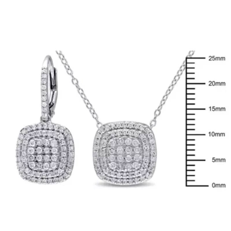 2-Pc Set of 1.44 ct. t.w. Diamond Halo Earrings & Pendant with Chain in Sterling Silver